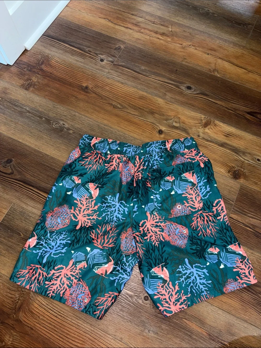 Amazon Essentials Teal Swim Trunks with Pink Coral Print